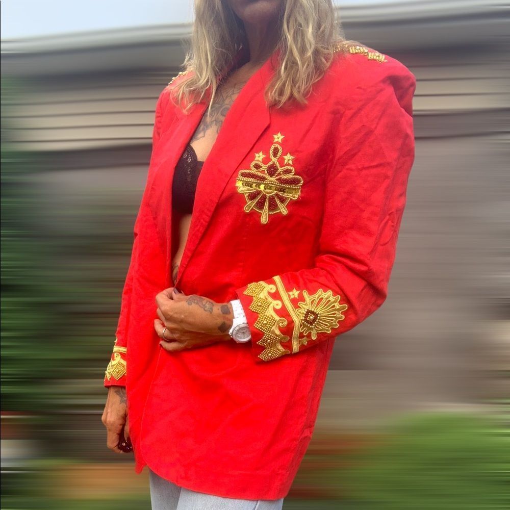 Vintage 90’s heavily embellished beaded red & gold blazer military circus